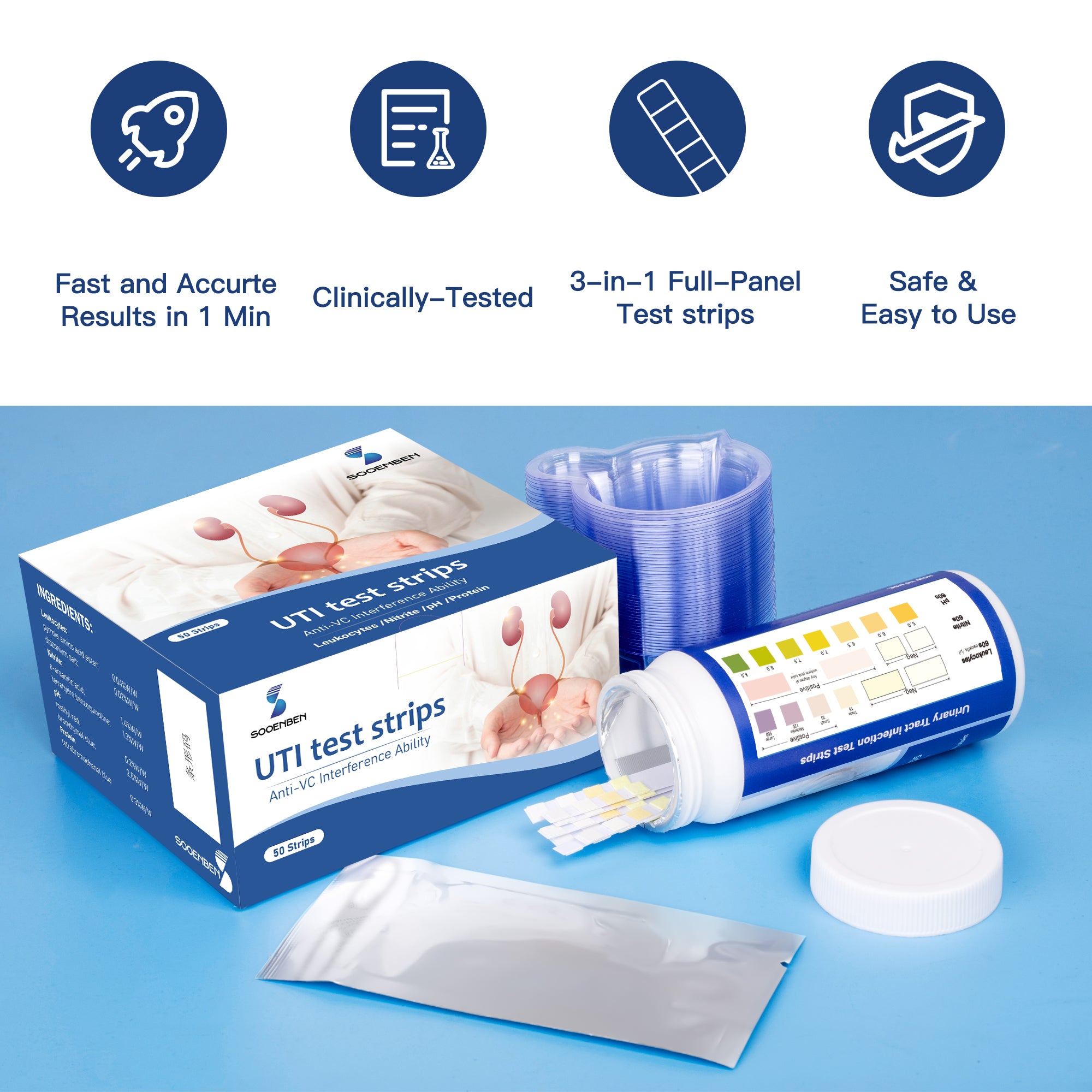 3-in-1 UTI Test Strips 50ct, Blue